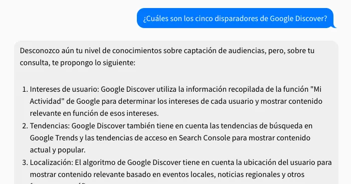 Hola, soy discoverGPT PRO: pregúntame cómo ganar audiencias en Google Discover 2 Captura de Pantalla 2023 10 09 a las 9.20.04
