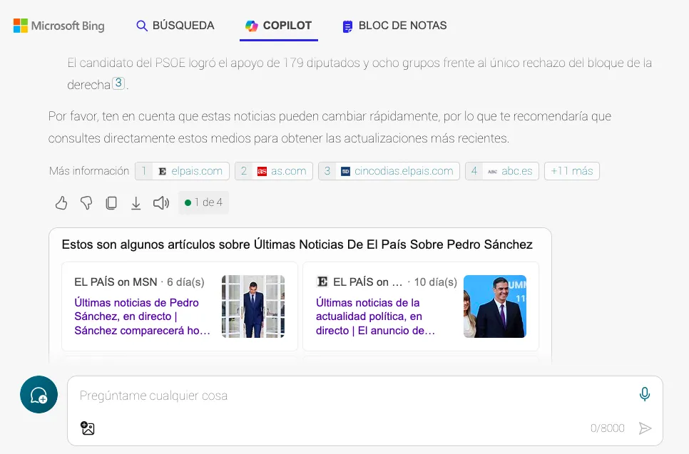El buscador de ChatGPT posicionará a EL PAÍS, AS o CINCO DÍAS de manera preferente, frente a otros medios españoles 2 copilot bing noticias